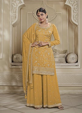 Pakistani Style Sharara Suit In Yellow Chinon Floral Embroidered Sequins
