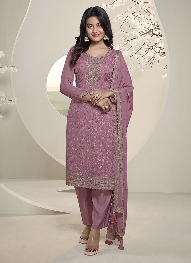 Pakistani Style Straight Pant Suit Pink Organza Schiffli Thread Embroidered Party Wear