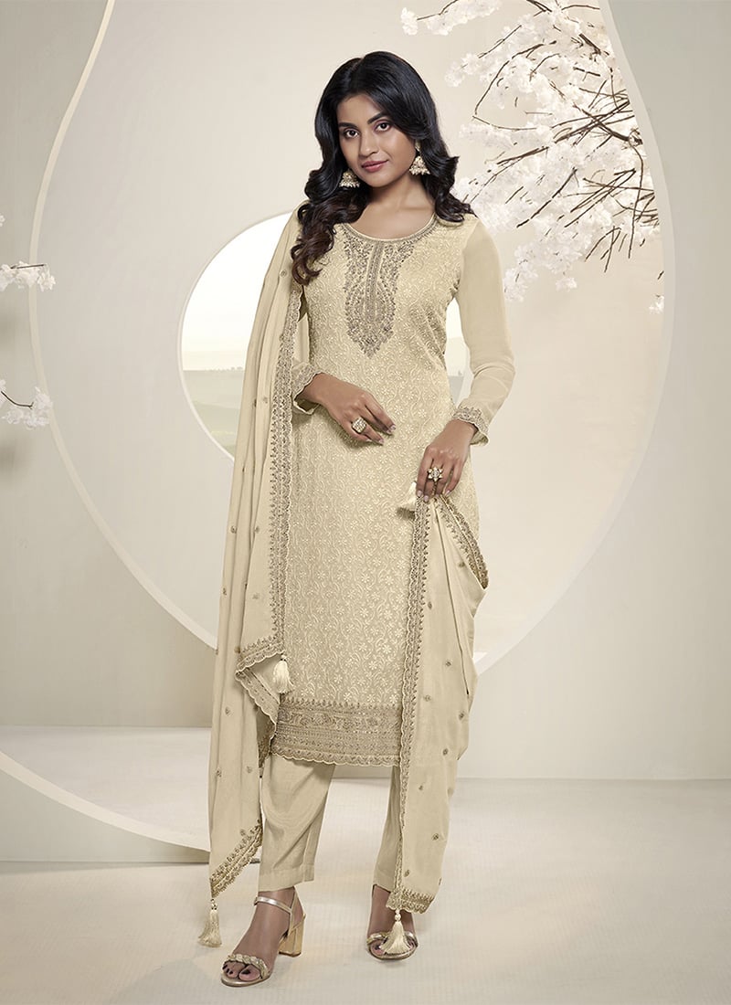 Pakistani Style Straight Suit Off White Organza Schiffli Thread Embroidered Party Wear