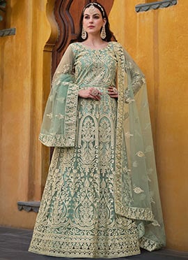 Pakistani Turquoise Anarkali Suit With Embroidered Stone Embossed For Engagement Parties