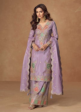 Palazzo Suit In Lilac Shimmer Silk With Embroidered Sequins