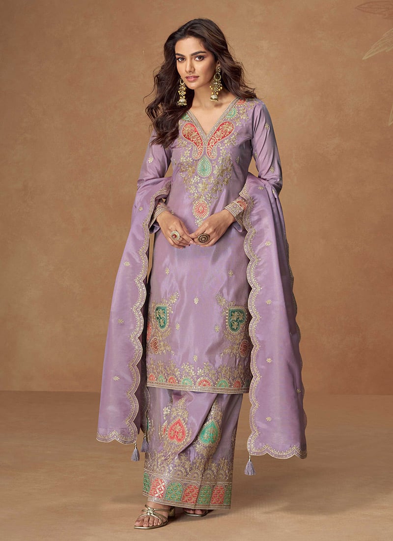 Palazzo Suit In Lilac Shimmer Silk With Embroidered Sequins Festive Wear