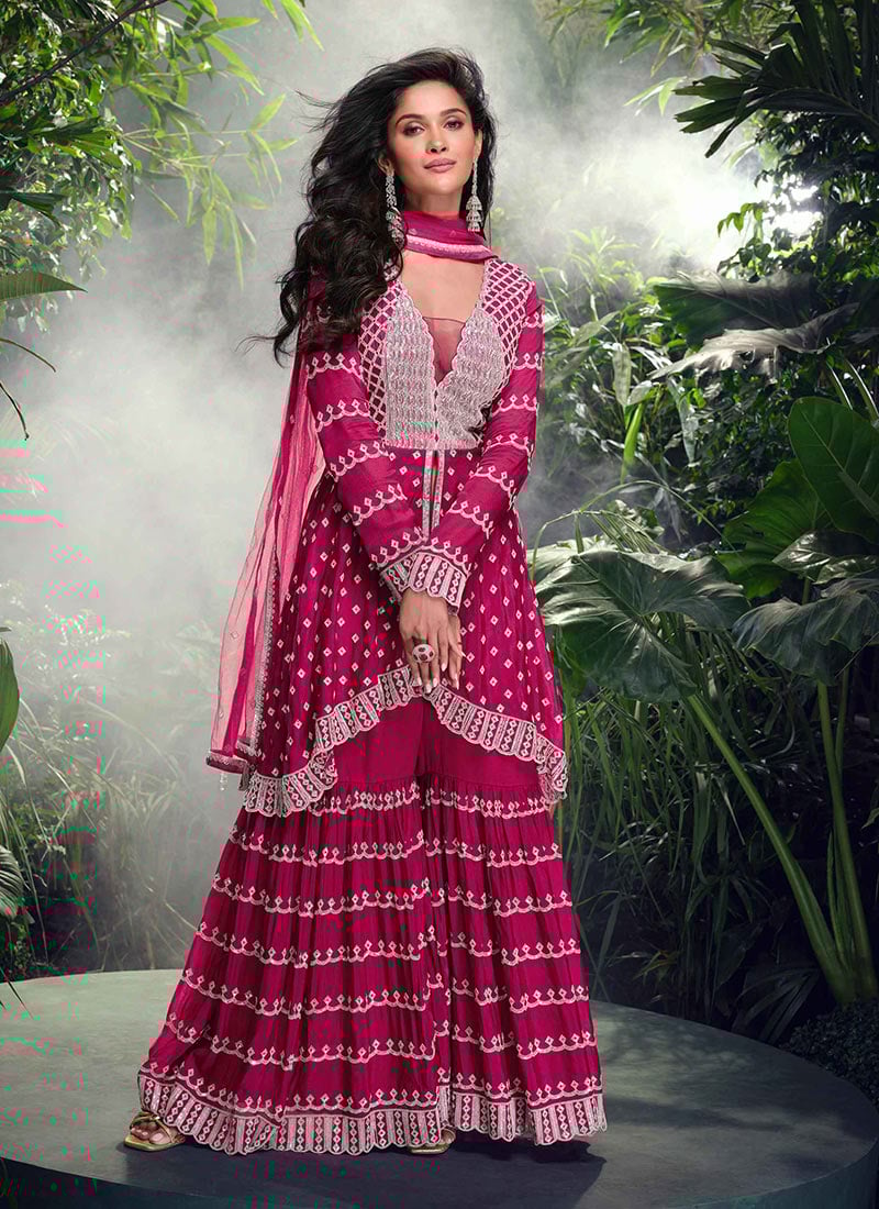 Palazzo Suit In Pink Chinon Silk Zari Mirror Work Sequins With High Slit