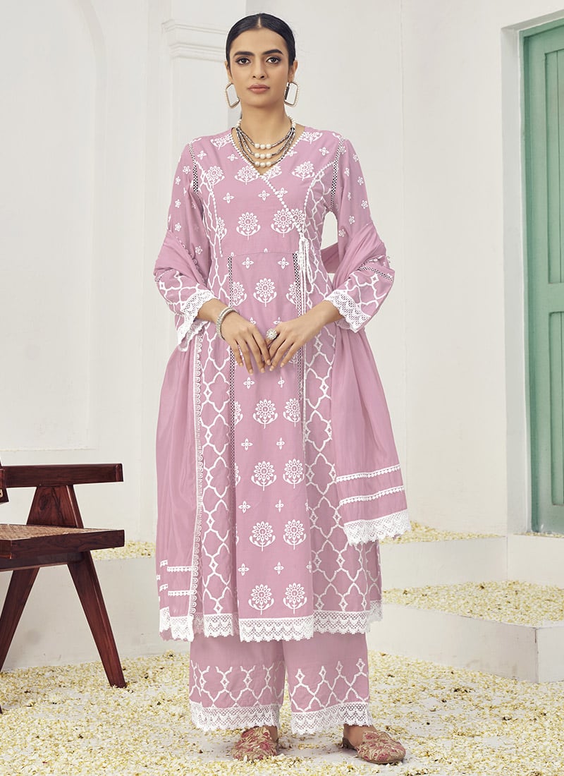 Palazzo Suit In Pink Cotton Embroidered Angarkha Style For Classy Women Party Wear