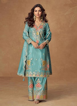 Palazzo Suit In Turquoise Blue Shimmer Silk With Embroidered Sequins
