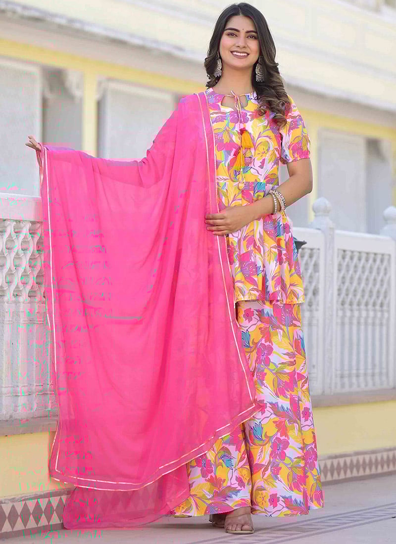 Palazzo Suit In White Cotton Floral Digital Print With Dupatta For Elegant After Six Wear