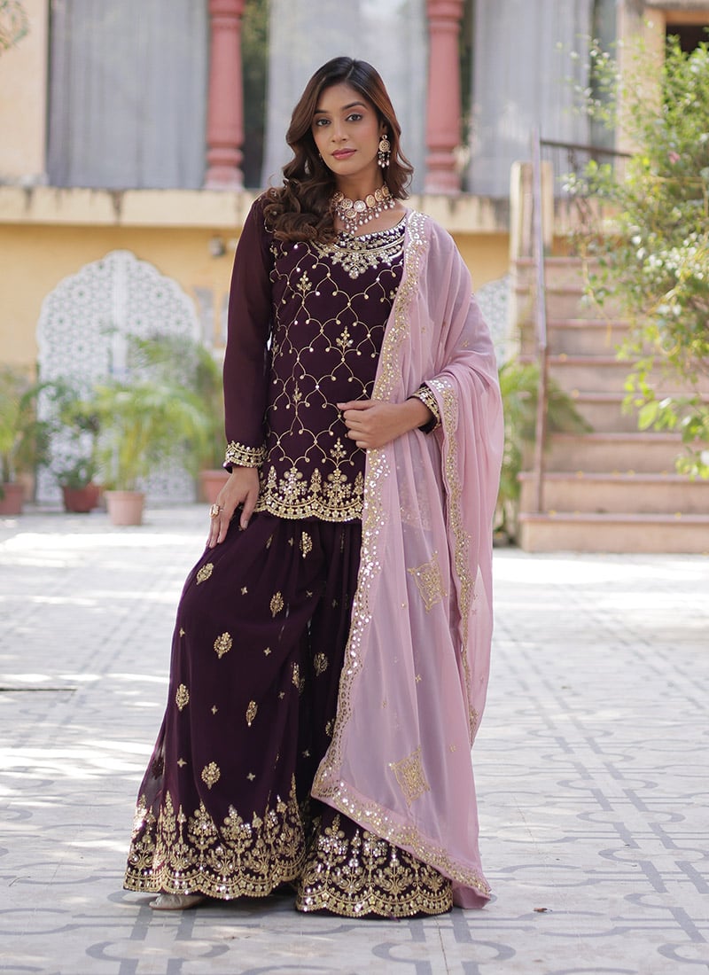 Palazzo Suit In Wine Faux Georgette Embroidered Sequins Festive Wear
