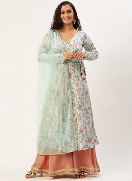 Pale Blue N Mauve Art Silk Anarkali Suit Set