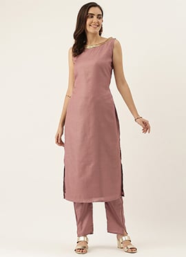 Pale Mauve Satin Boat Neck N Straight Pant Suit