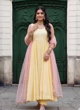 Pale Yellow Cotton Jarkan Work Anarkali Suit