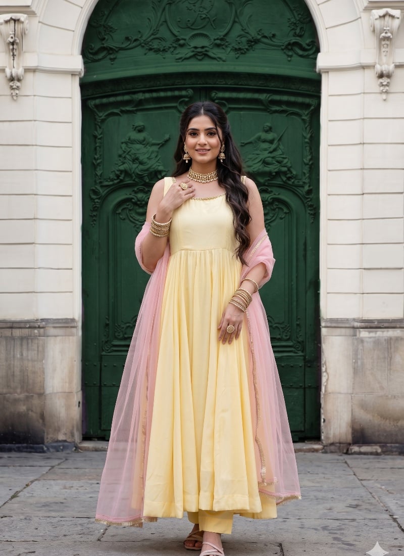 Pale Yellow Cotton Jarkan Work Anarkali Suit After Six Wear
