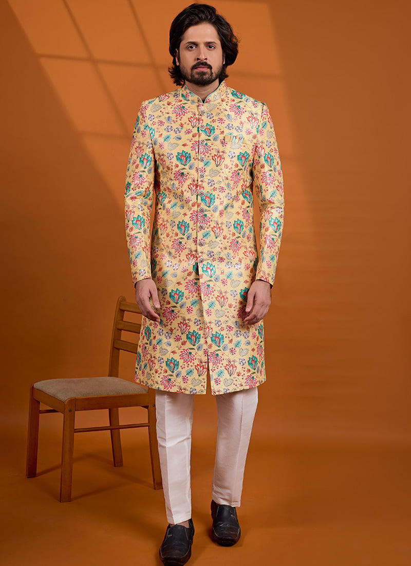 Pale Yellow Printed Embroidered Silk Indo Western Sherwani Festive Wear