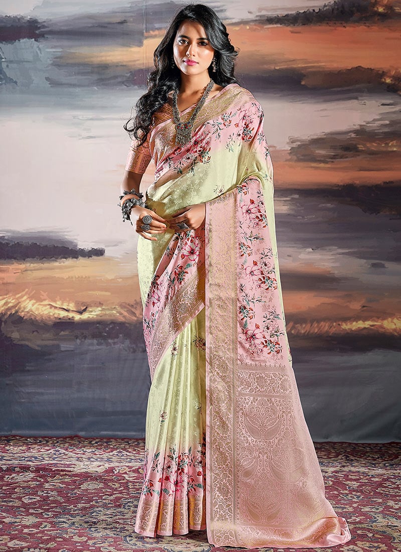 Pale Yellow Satin Digital Print Jacquard Gorgeous Saree Festive Wear