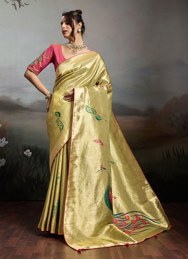 Parrot Green Banarasi Jacquard Zari Woven saree Festive Wear