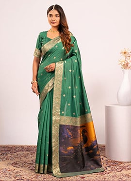 Parrot Green Banarasi Silk Zari Resham Woven Saree