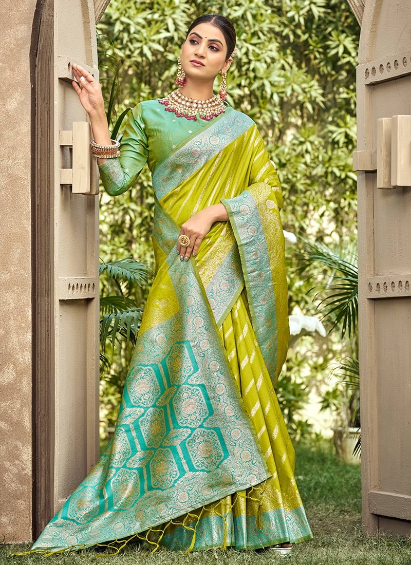 Parrot Green Banarasi Silk Zari Woven Saree Festive Wear