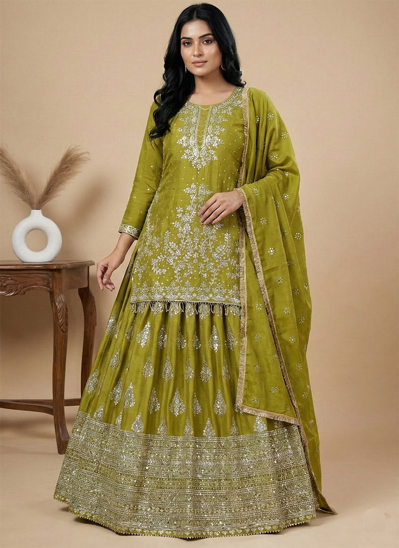 Parrot Green Chinon Embroidered Sequins A Line Lehenga Festive Wear