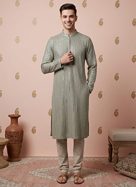 Parrot Green Cotton Printed Kurta Pyjama