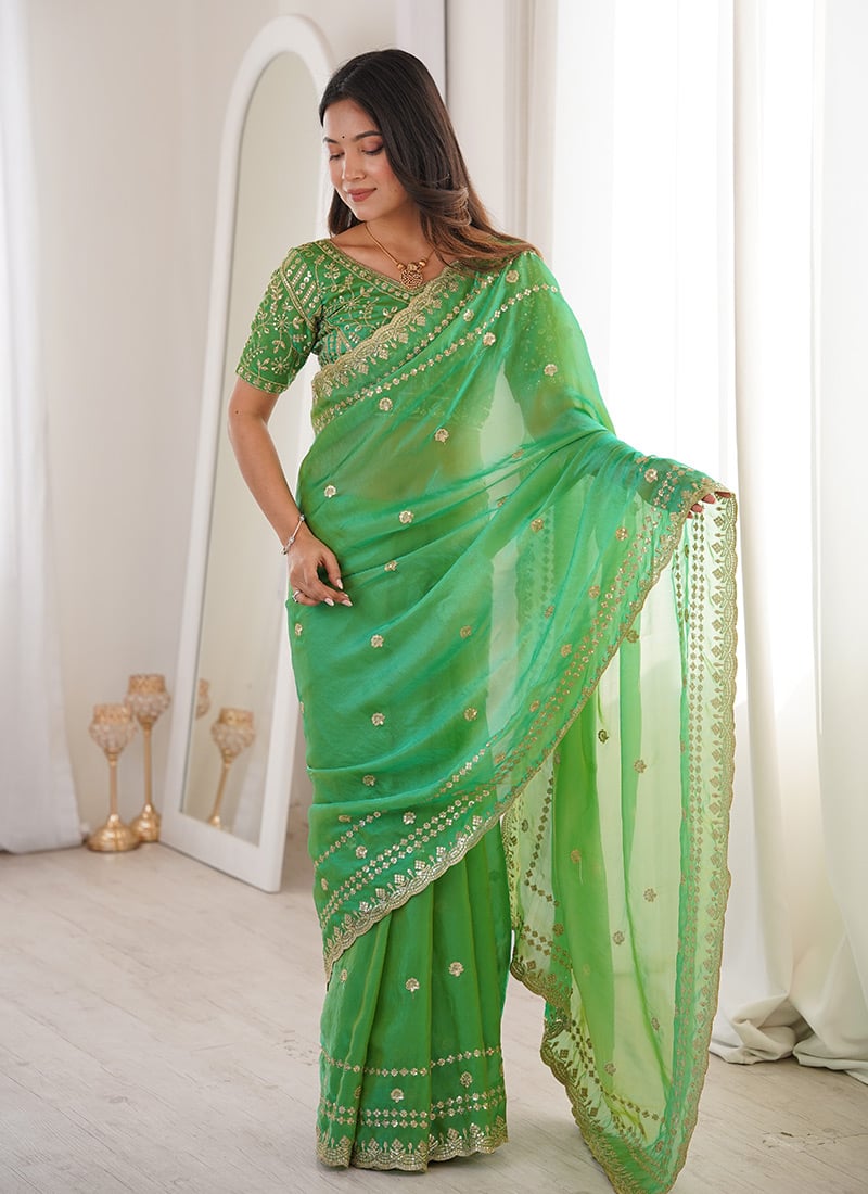 Parrot Green Fandy Silk Embroidered Sequins Saree Festive Wear