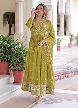 Parrot Green Faux Georgette Zari Embroidered Sequins Anarkali Suit