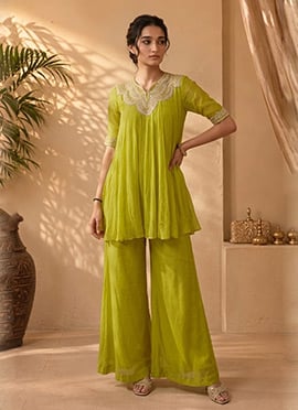 Parrot Green Georgette Beads Cutdana Hand Embroidery Kurta Palazzo Set