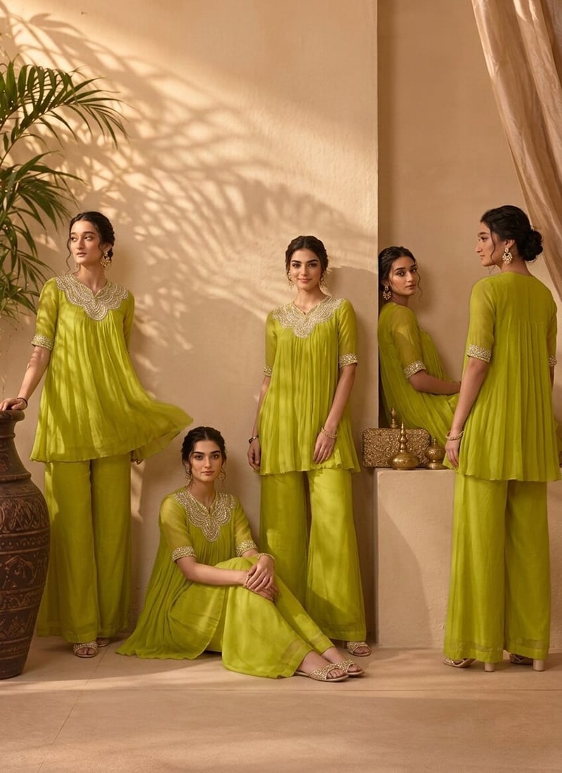Parrot Green Georgette Beads Cutdana Hand Embroidery Kurta Palazzo Set After Six Wear