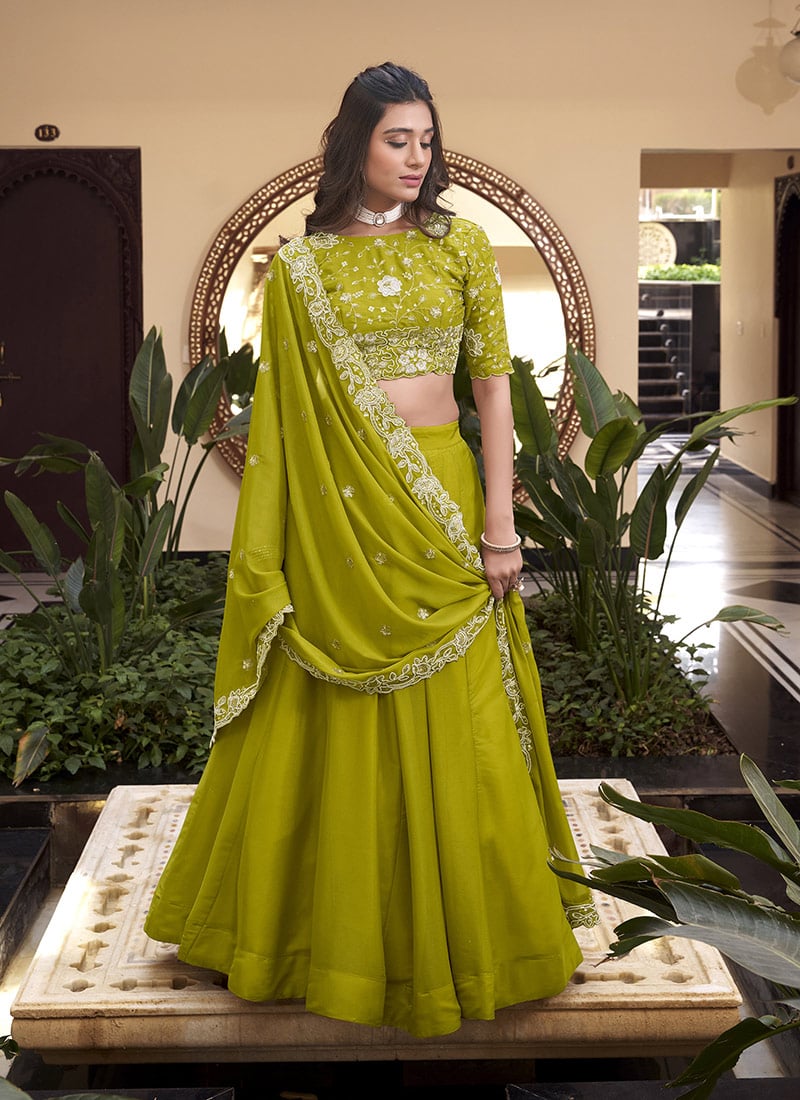 Parrot Green Georgette Embroidered Sequins Lehenga Wedding Wear