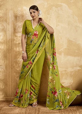 Parrot Green Georgette Floral Printed Saree