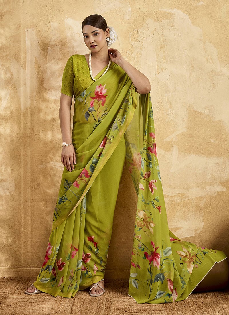 Parrot Green Georgette Floral Printed Saree After Six Wear