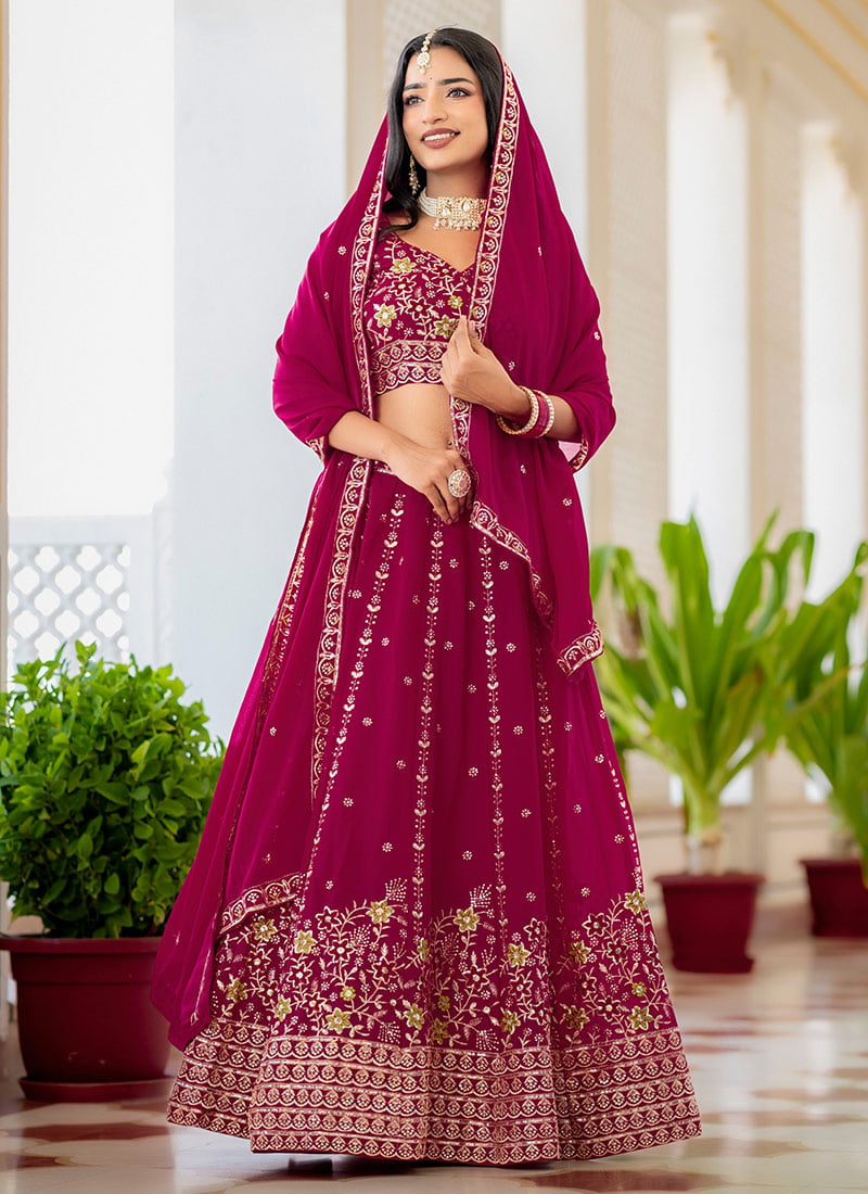 Parrot Green Georgette Zari Embroidered Sequins Lehenga Wedding Wear