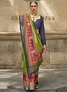 Parrot Green Green Silk Foil Print Saree