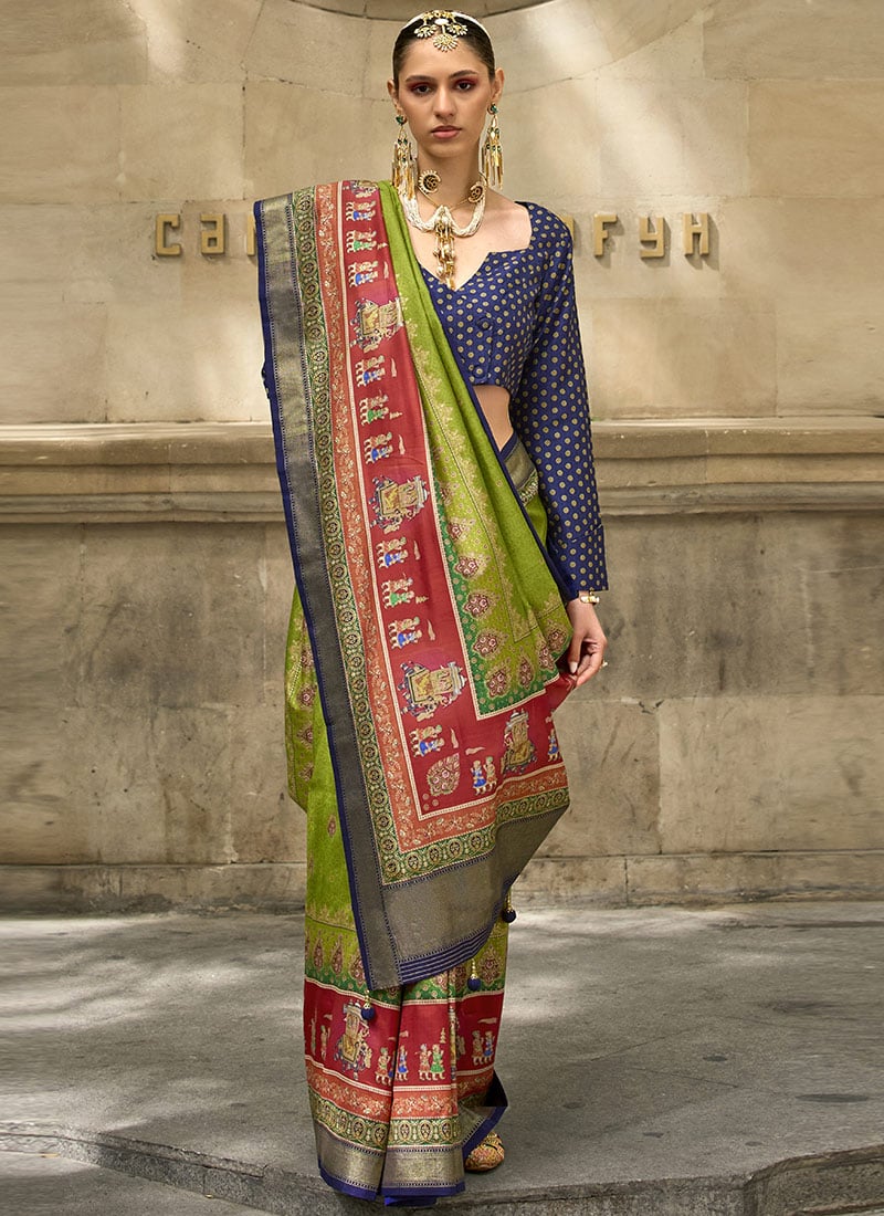 Parrot Green Green Silk Foil Print Saree Festive Wear