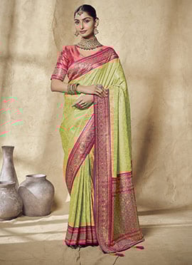 Parrot Green Jacquard Silk Zarkan Stone Zari Work Saree