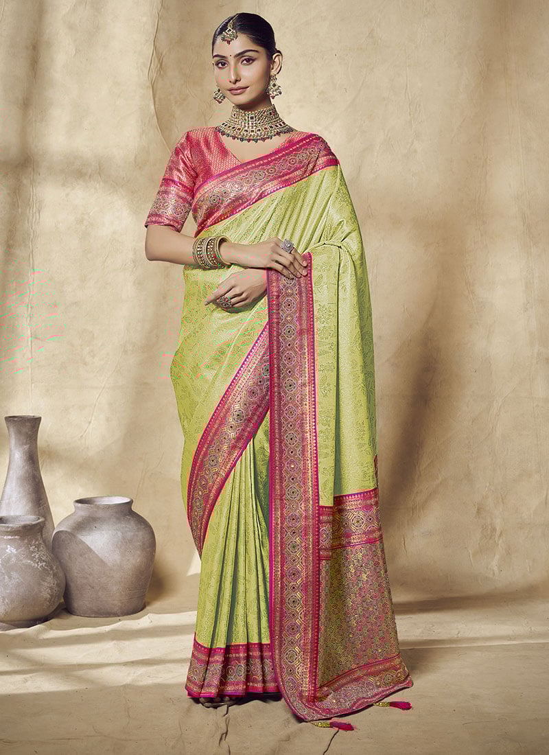 Parrot Green Jacquard Silk Zarkan Stone Zari Work Saree  Wedding Wear