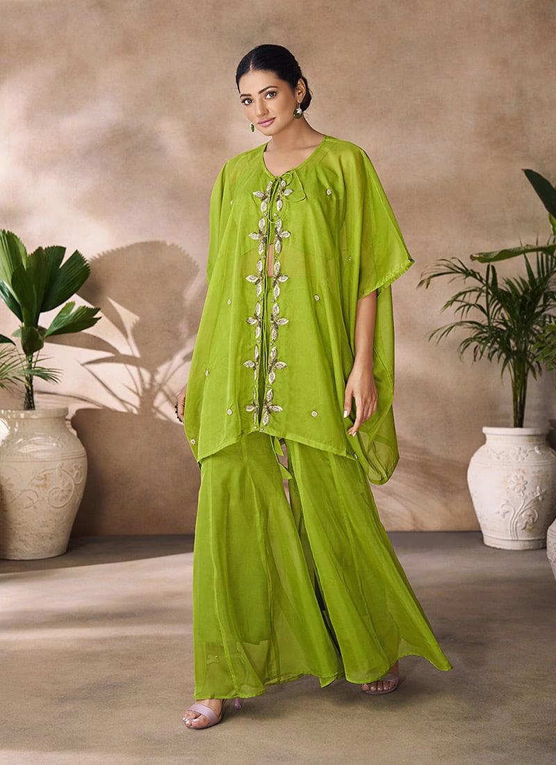Parrot Green Organza Sequins With Beads Handwork Indowestern Co ord Jacket Set After Six Wear