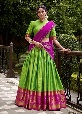 Parrot Green Poly Cotton Jacquard Sequin Lehenga