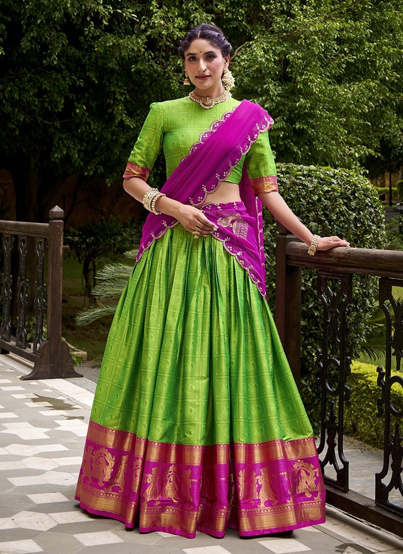 Parrot Green Poly Cotton Jacquard Sequin Lehenga Festive Wear