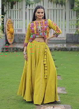 Parrot Green Roman Silk Gota Indowestern Jacket And Skirt Set Festive Wear