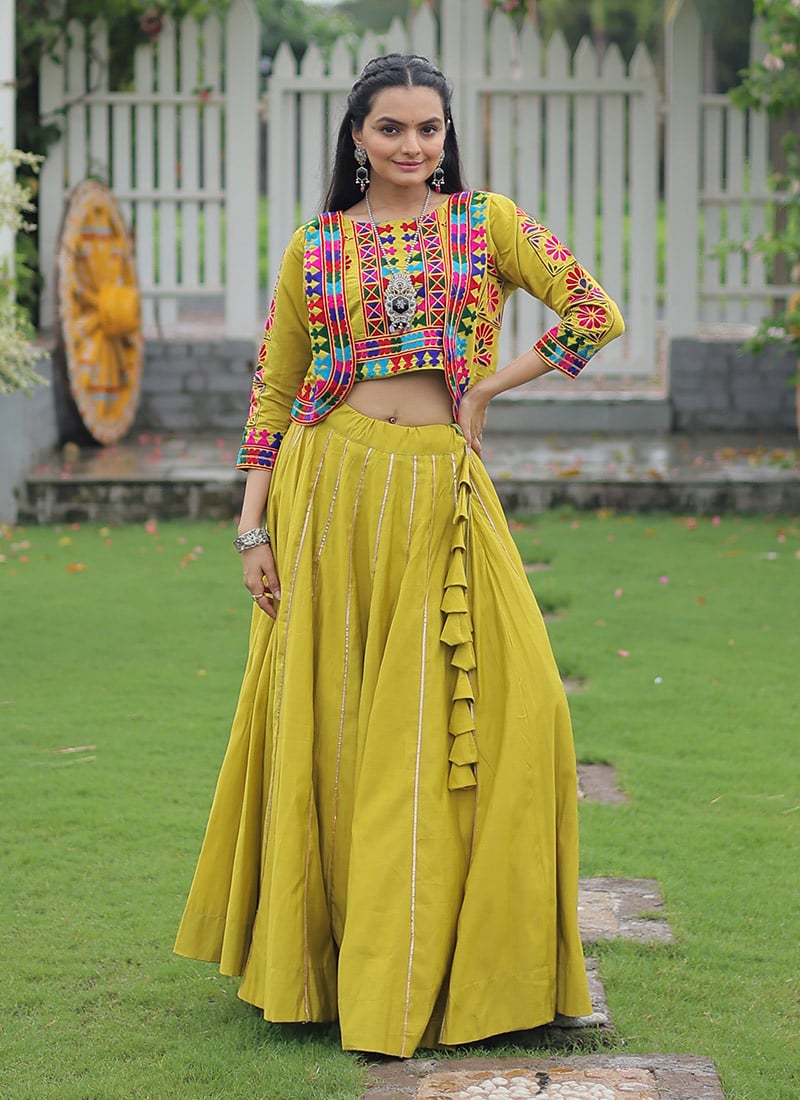 Parrot Green Roman Silk Gota Indowestern Jacket And Skirt Set Festive Wear