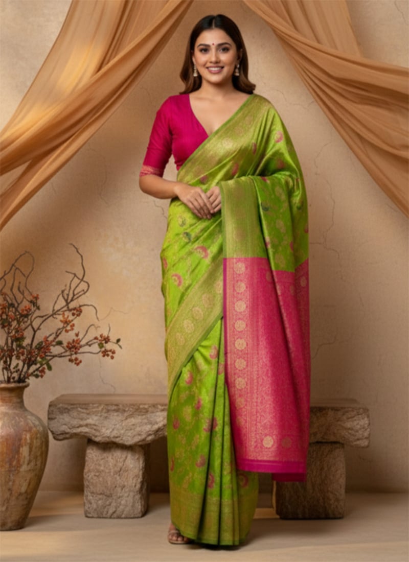 Parrot Green Silk Zari Brocade Saree Festive Wear