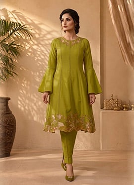 Parrot Green Silk Zari Resham Embroidery A Line Kurta Pant Set