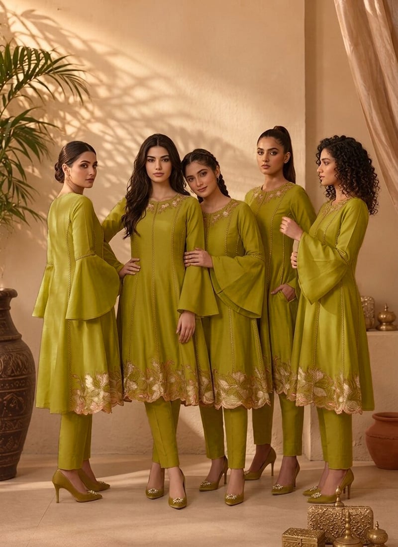 Parrot Green Silk Zari Resham Embroidery A Line Kurta Pant Set After Six Wear
