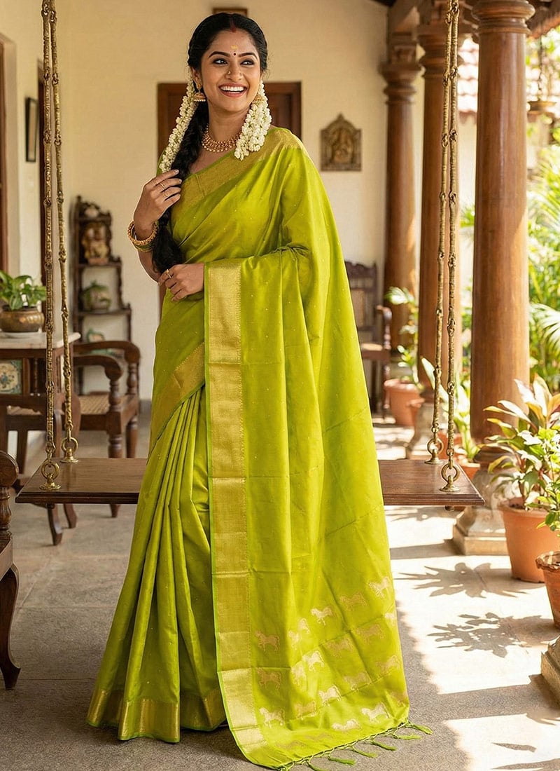 Parrot Green Soft Silk Zari Woven Saree Festive Wear