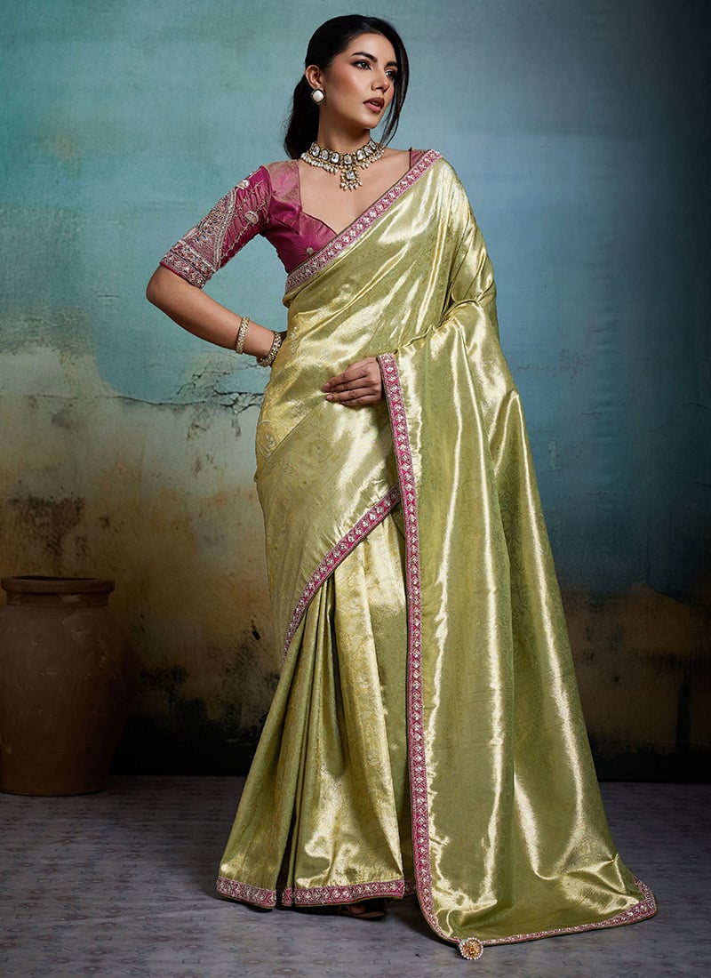 Parrot Green Tissue Banarasi Silk Zari Hand Embroidered Stone Work Saree Festive Wear