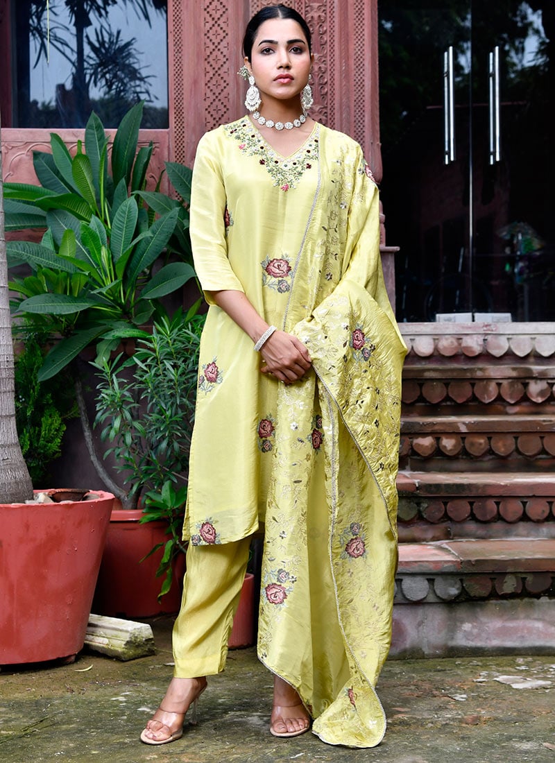 Parrot Green Tissue Floral Print Embroidered Sequins Straight Pant Suit