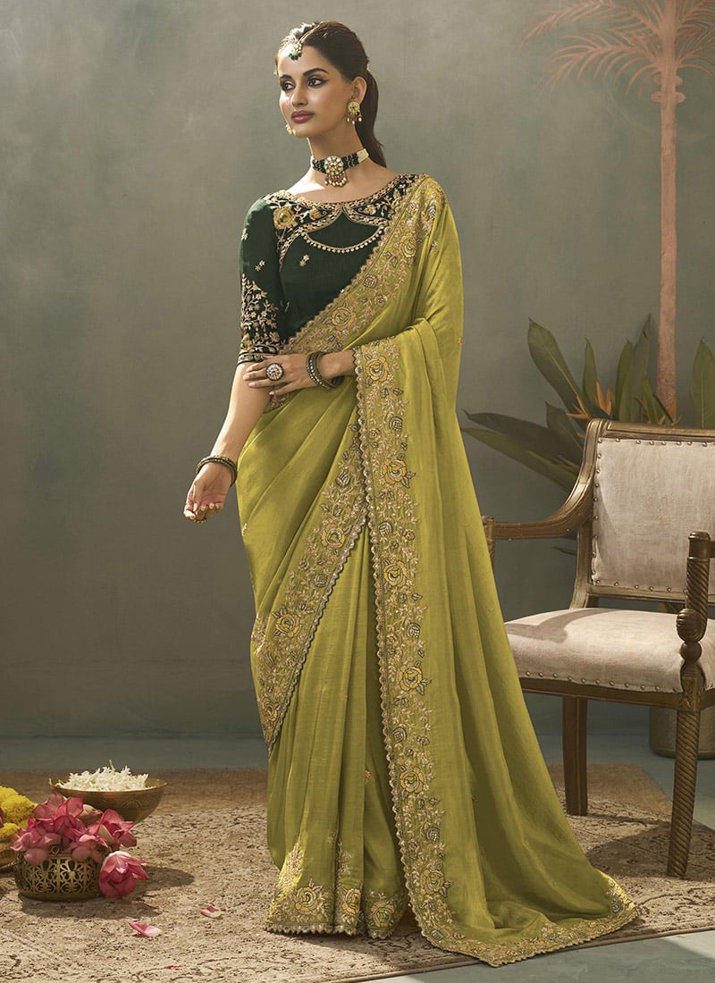 Parrot Green Upada Silk Zari Sequins Embroidered Saree Wedding Wear