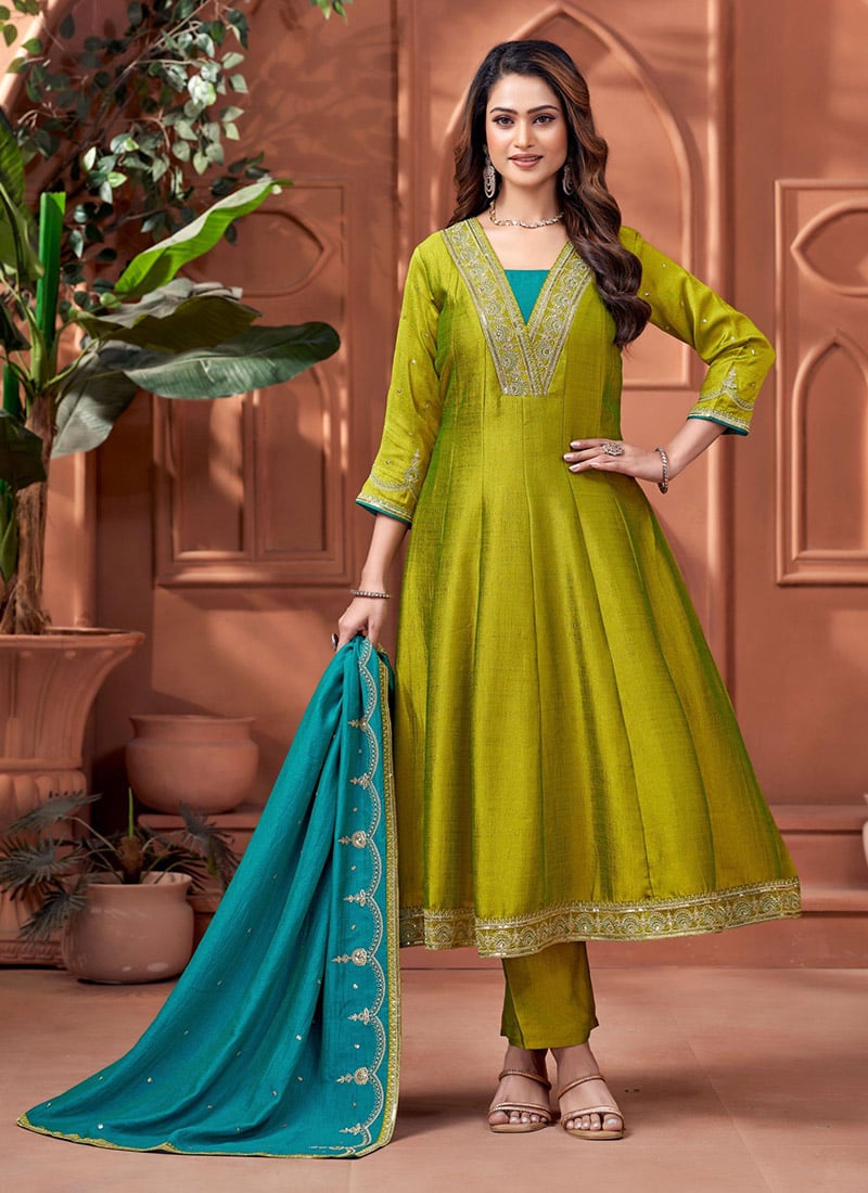 Parrot Green Vichitra Silk Embroidered Sequins Anarkali Suit Festive Wear