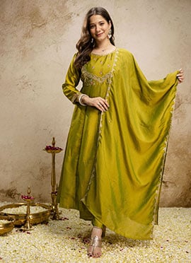 Parrot Green Vichitra Silk Embroidered Straight Pant Suit