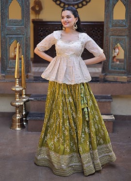 Parrot Viscose Jacquard With Embroidered Sequins Indowestern Skirt Set