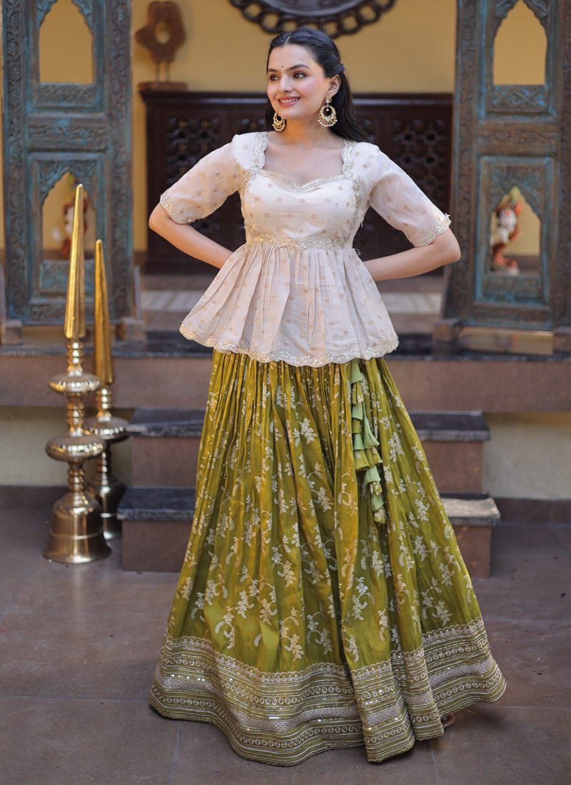 Parrot Viscose Jacquard With Embroidered Sequins Indowestern Skirt Set After Six Wear